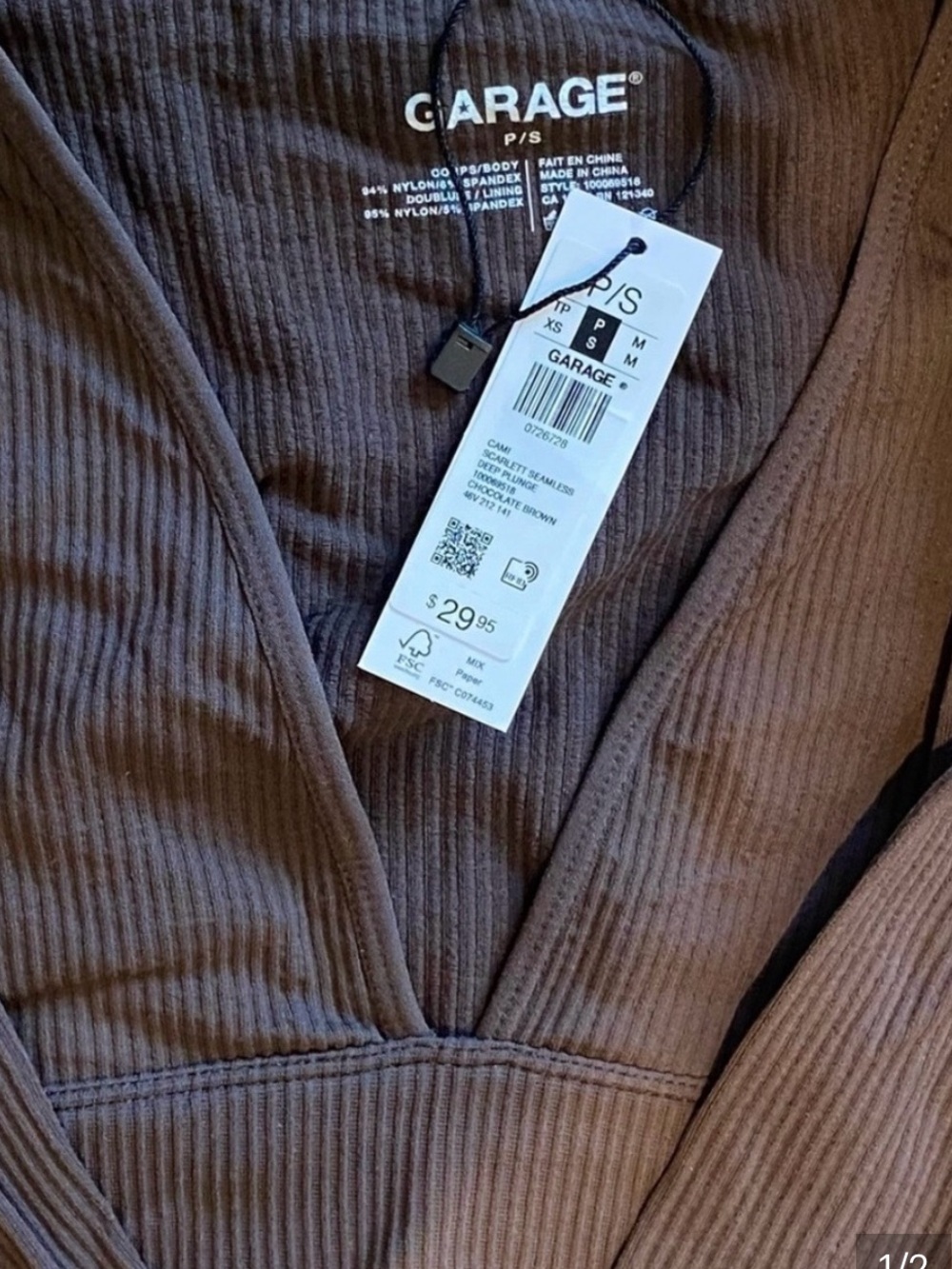 New Garage Ribbed V-Neck Long Sleeve Top in Brown Tag on $29.95 pre tax